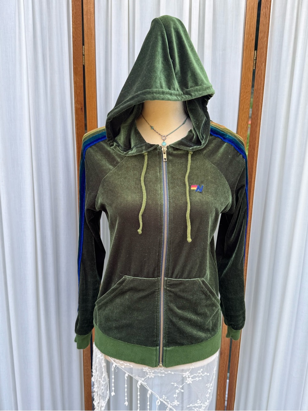 Aviator Nation Green Velvet Zip-Up Hoodie Jacket